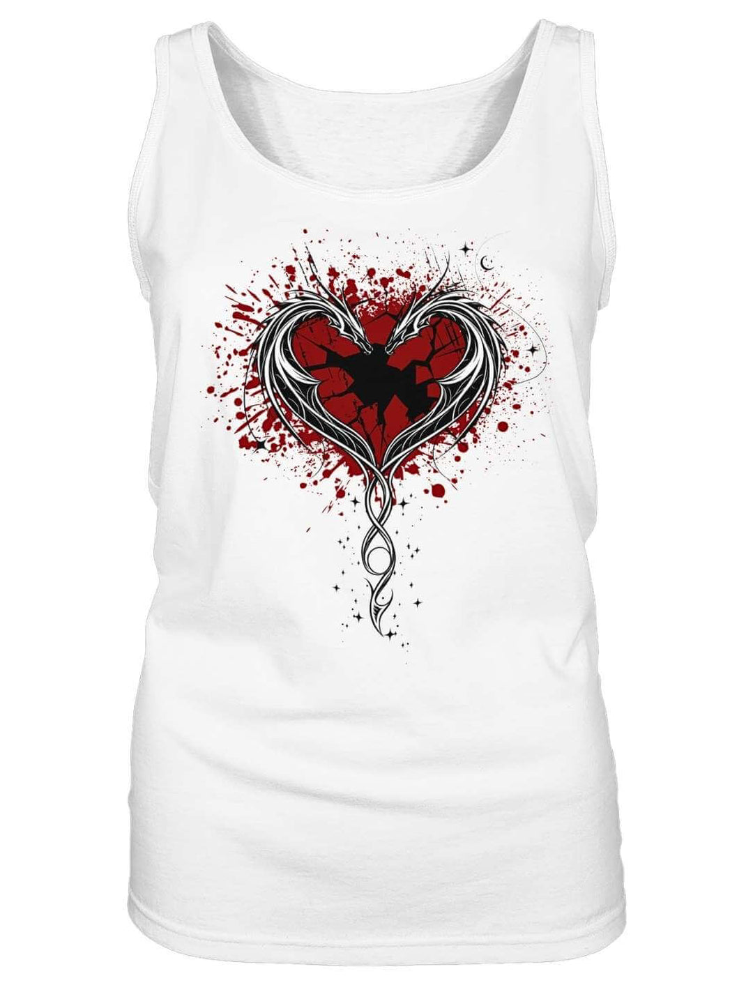 Weißes Damen Tank Top mit zwei Drachen um ein gesprungenes rotes Herz, Flatlay