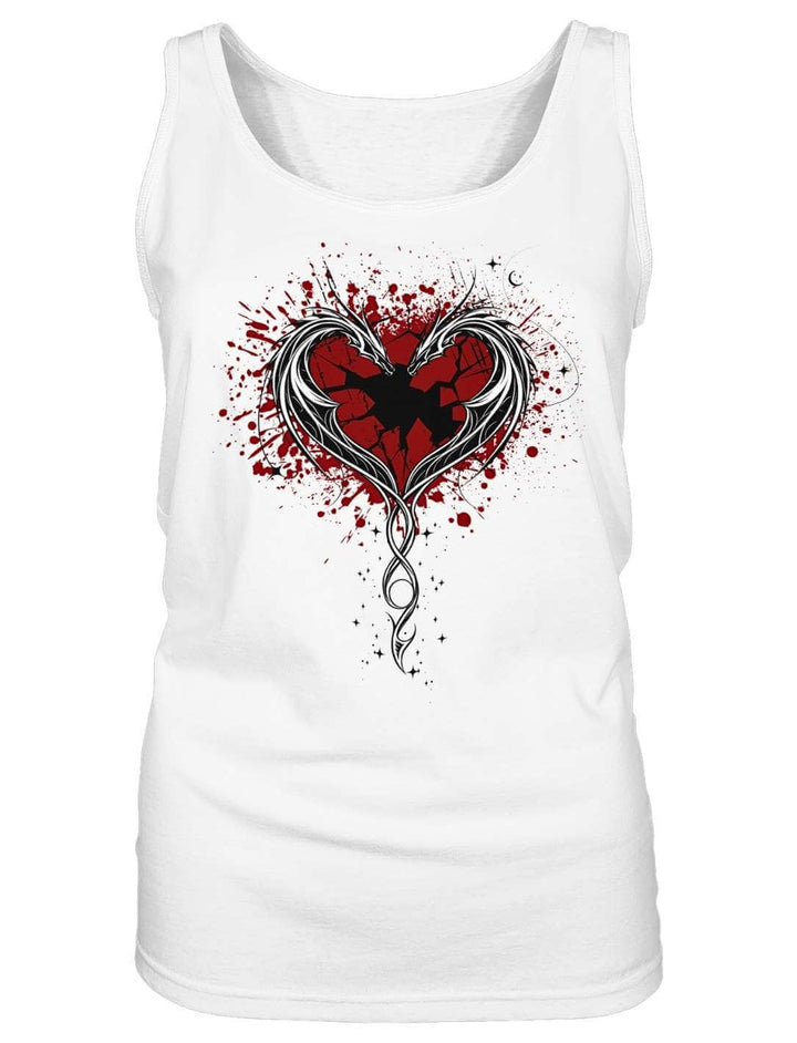 Weißes Damen Tank Top mit zwei Drachen um ein gesprungenes rotes Herz, Flatlay