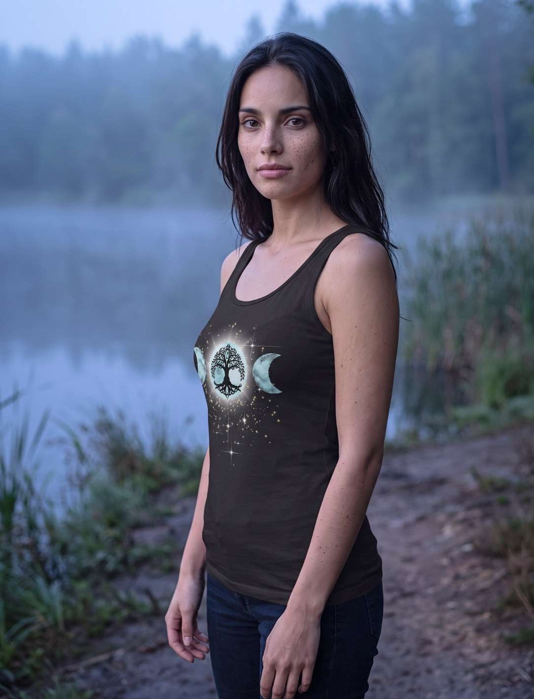 Seitliche Ansicht des schwarzen Tank Tops am nebligen Seeufer im Morgenlicht