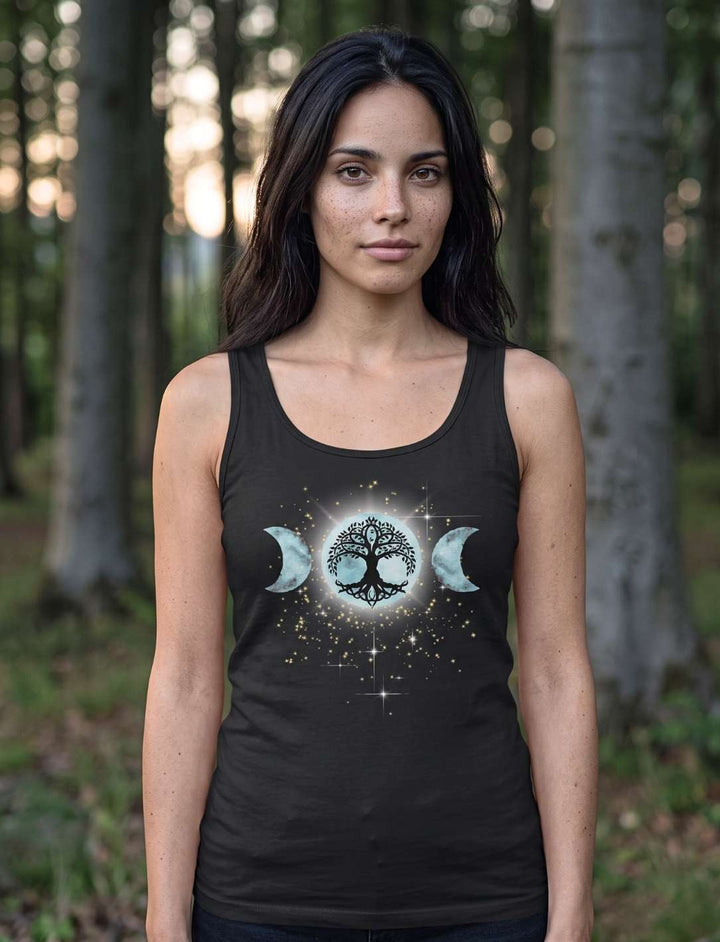 Dreimondzauber des Nachtwaldes Damen Tank Top in Schwarz mit Lebensbaum und drei Monden