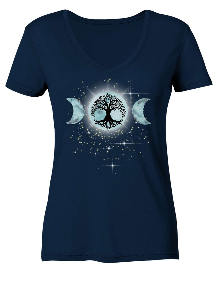 Damen V-Neck Shirt in Navy, Dreimond mit Lebensbaum mittig auf der Brust, Vorderansicht