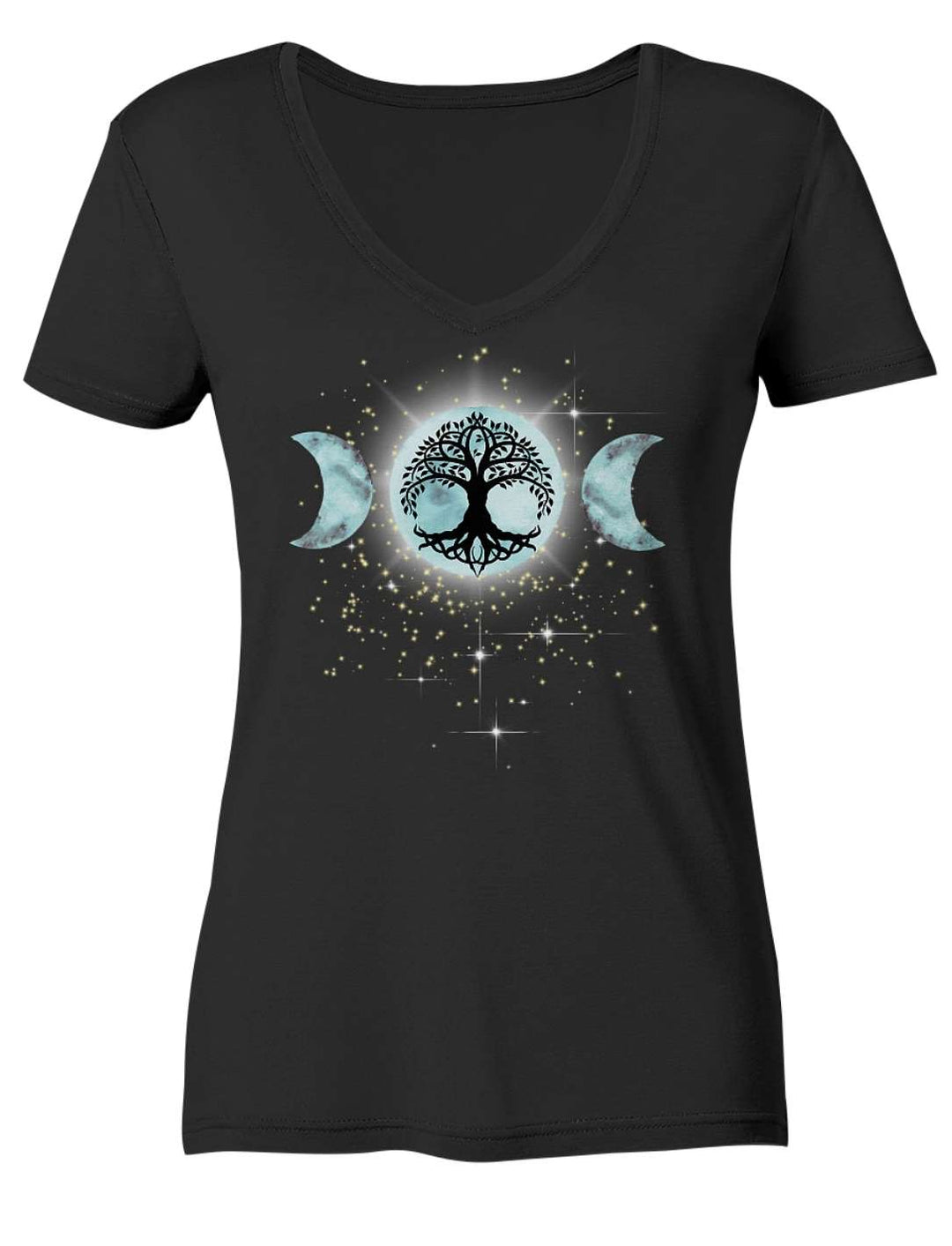Damen V-Neck Shirt in Schwarz, Triple Moon mit Lebensbaum mittig auf der Brust, Vorderansicht