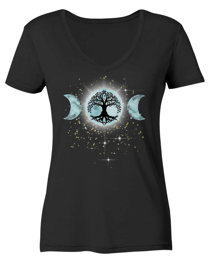 Damen V-Neck Shirt in Schwarz, Triple Moon mit Lebensbaum mittig auf der Brust, Vorderansicht