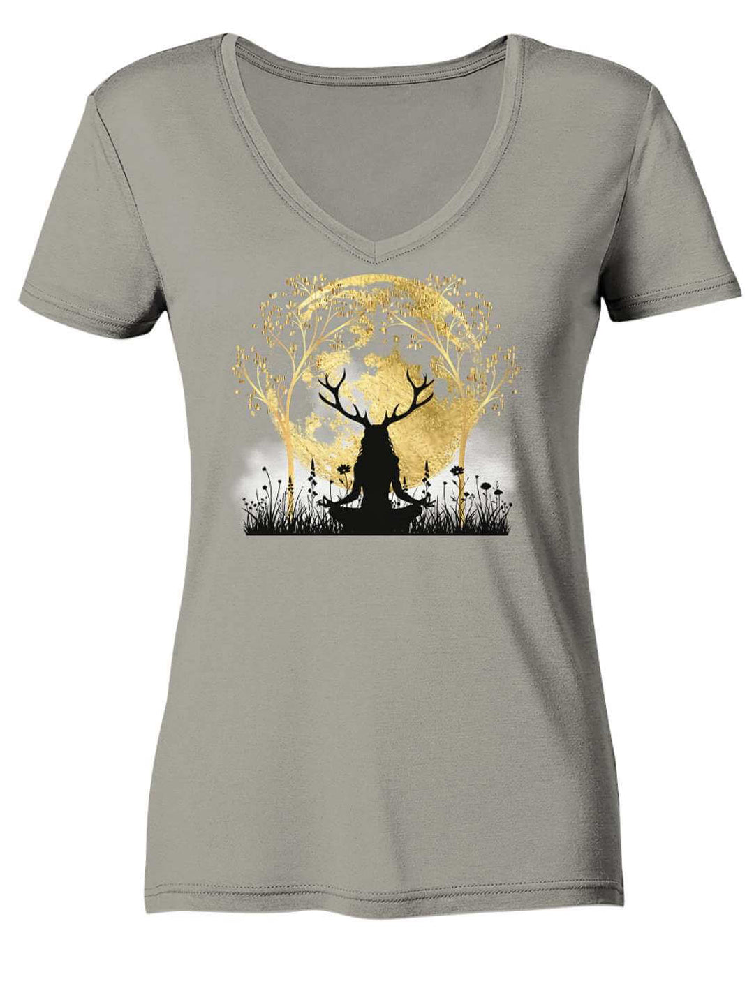 Hellgraues V-Neck Shirt flach ausgelegt mit goldenem Druidinnen-Motiv