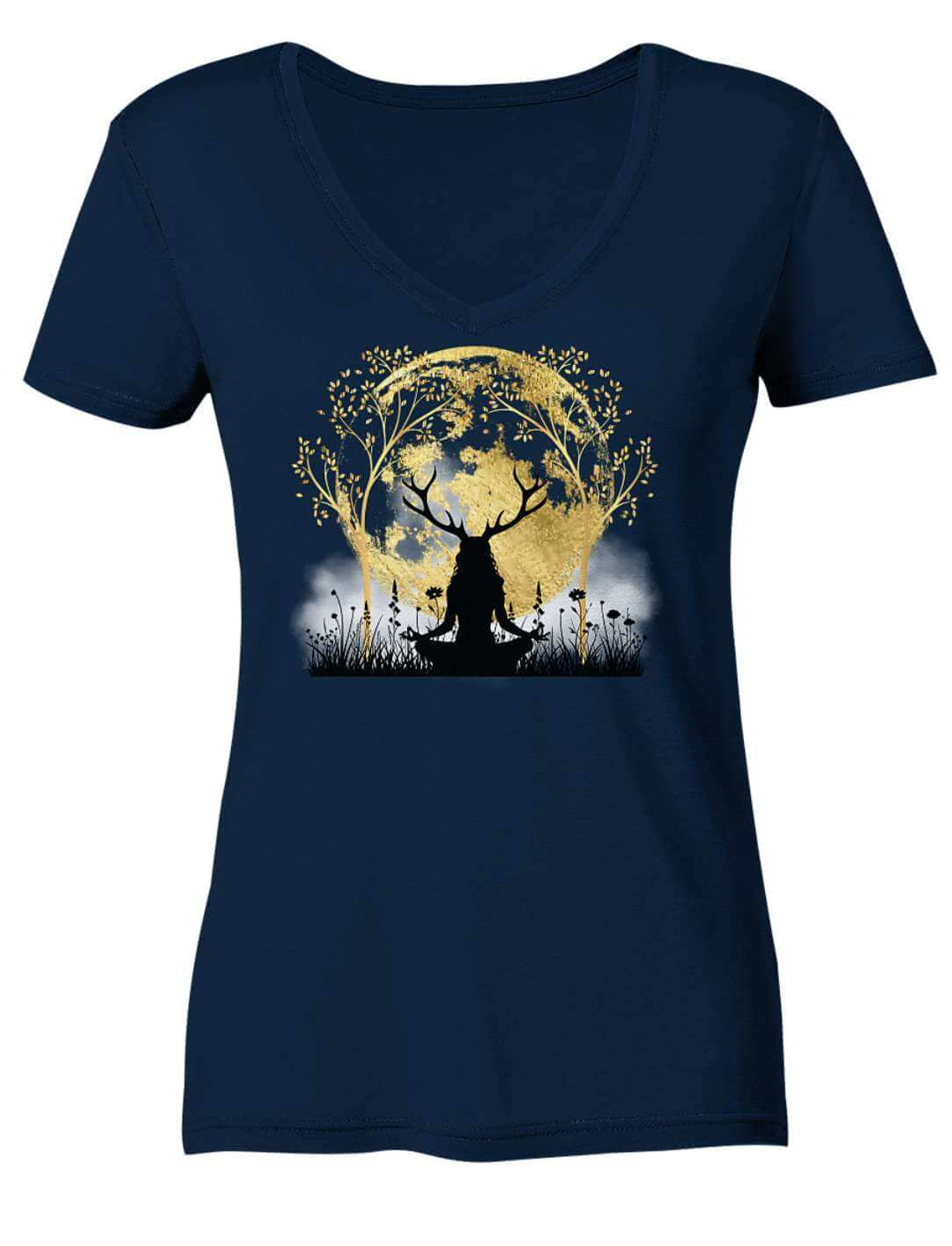 Navyfarbenes V-Neck Shirt flach ausgelegt mit keltischem Druidinnen-Motiv