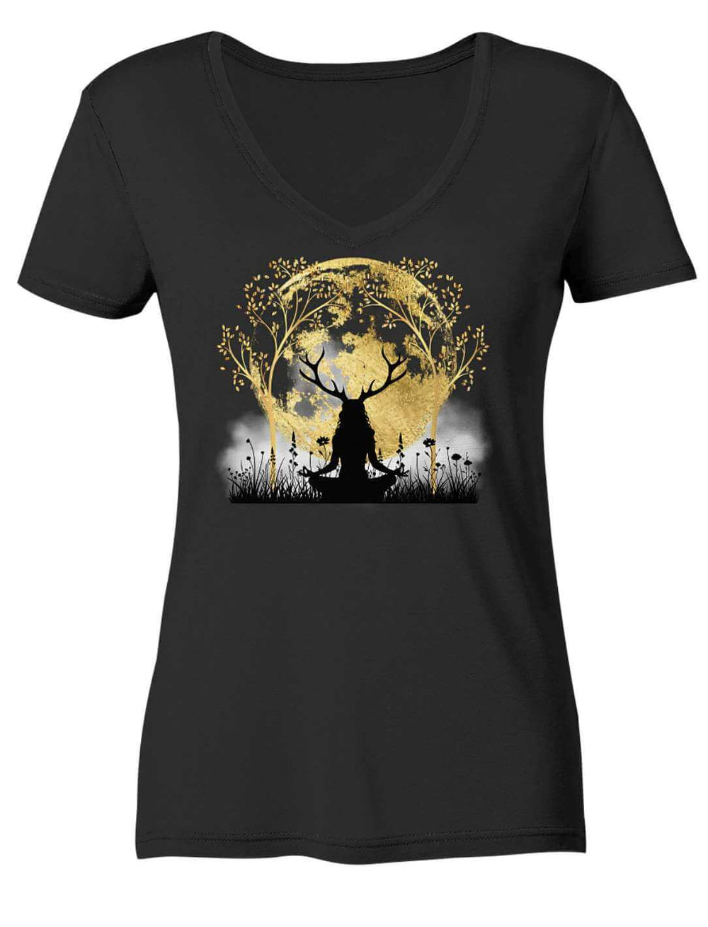 Schwarzes V-Neck Shirt flach ausgelegt mit goldenem Druidinnen-Motiv
