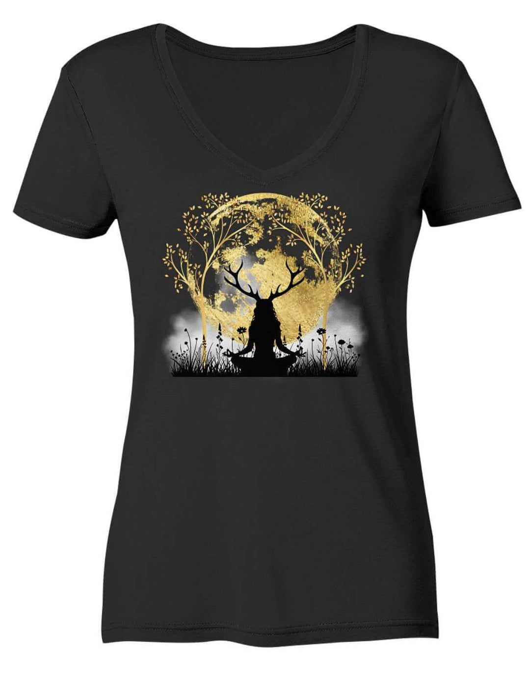 Schwarzes V-Neck Shirt flach ausgelegt mit goldenem Druidinnen-Motiv