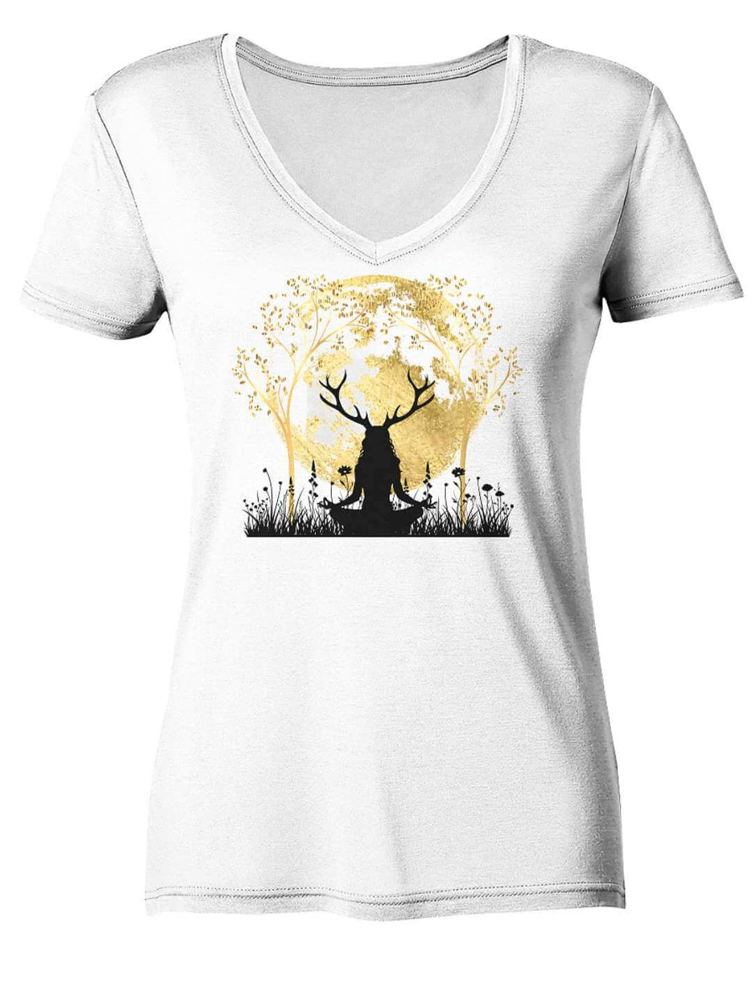 Weisses V-Neck Shirt flach ausgelegt mit goldenem Mond und Geweih