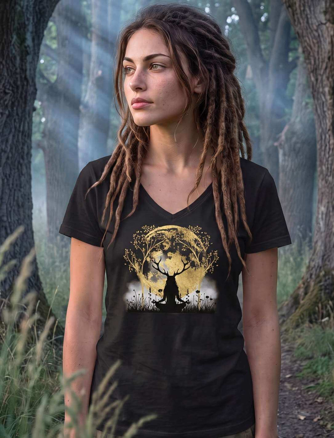 Schwarzes Damen V-Neck Shirt im Gegenlicht zwischen Baumstämmen
