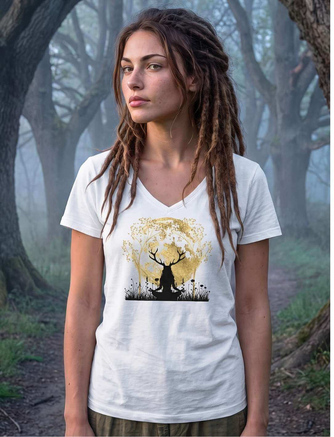 Weisses V-Neck Shirt auf einem nebligen Waldweg