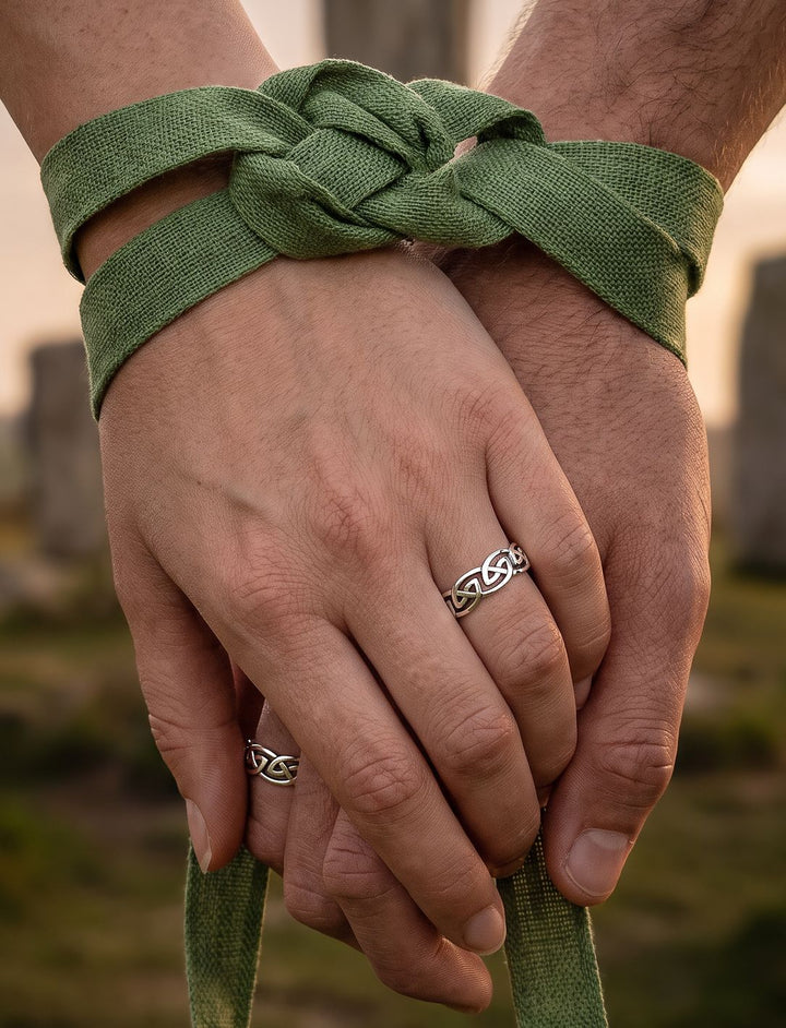Handfasting im Steinkreis: zwei mit grünem Leinenband verbundene Hände tragen beide den silbernen keltischen Partnerring