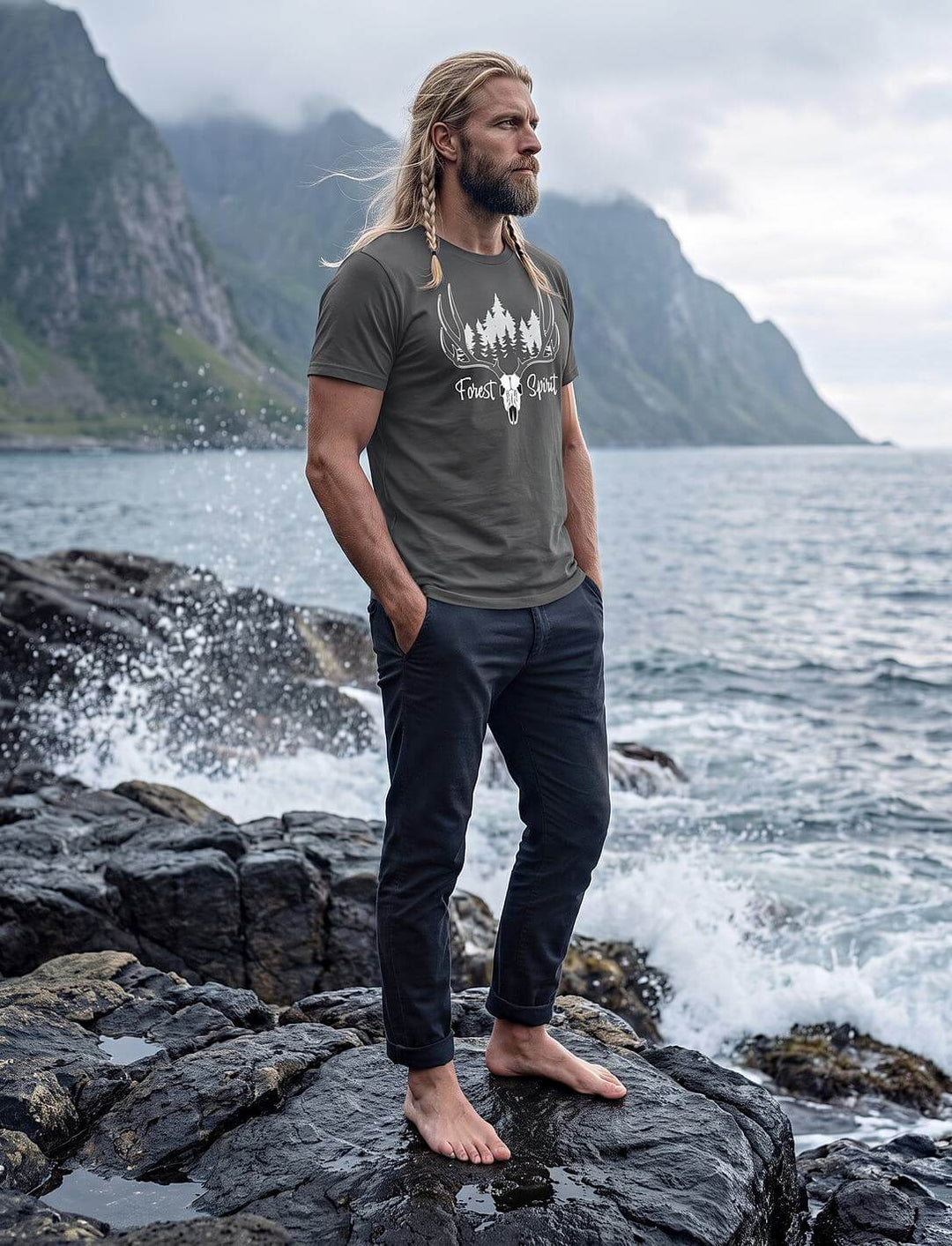 Mann im anthrazitfarbenen Wald T-Shirt steht barfuß auf Felsen an einer nordischen Fjordküste