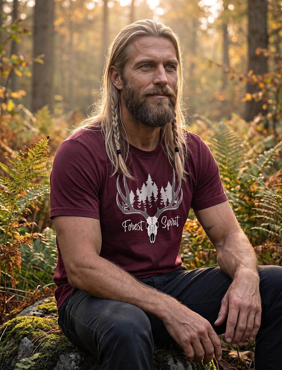 Burgundrotes Natur Shirt mit Fichtenwald im Geweih, Mann sitzt auf bemoostem Stein zwischen Farnen im Gegenlicht