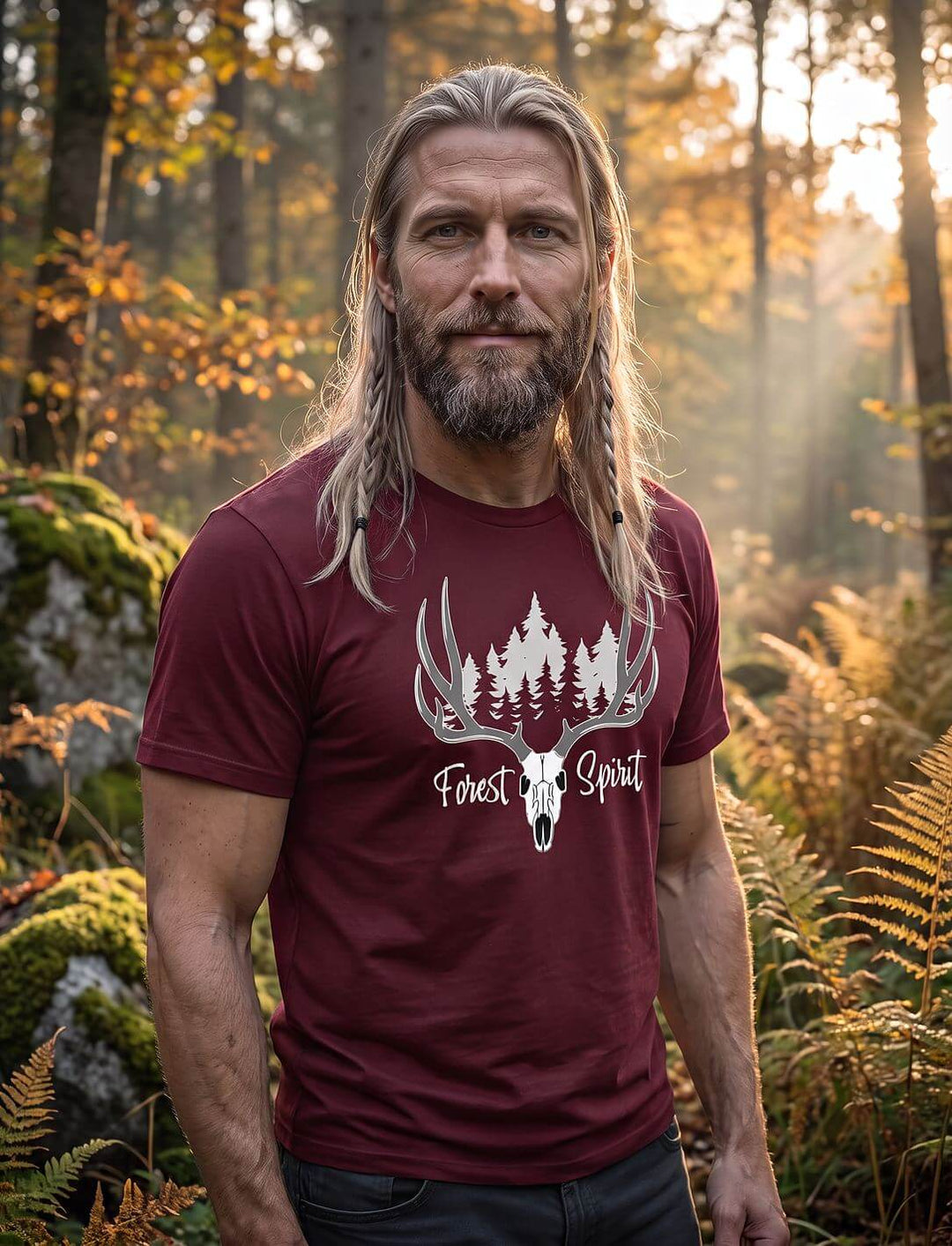 Mann mit Zöpfen trägt das burgunderrote Hirsch T-Shirt im herbstlichen Wald mit Sonnenstrahlen und Farn