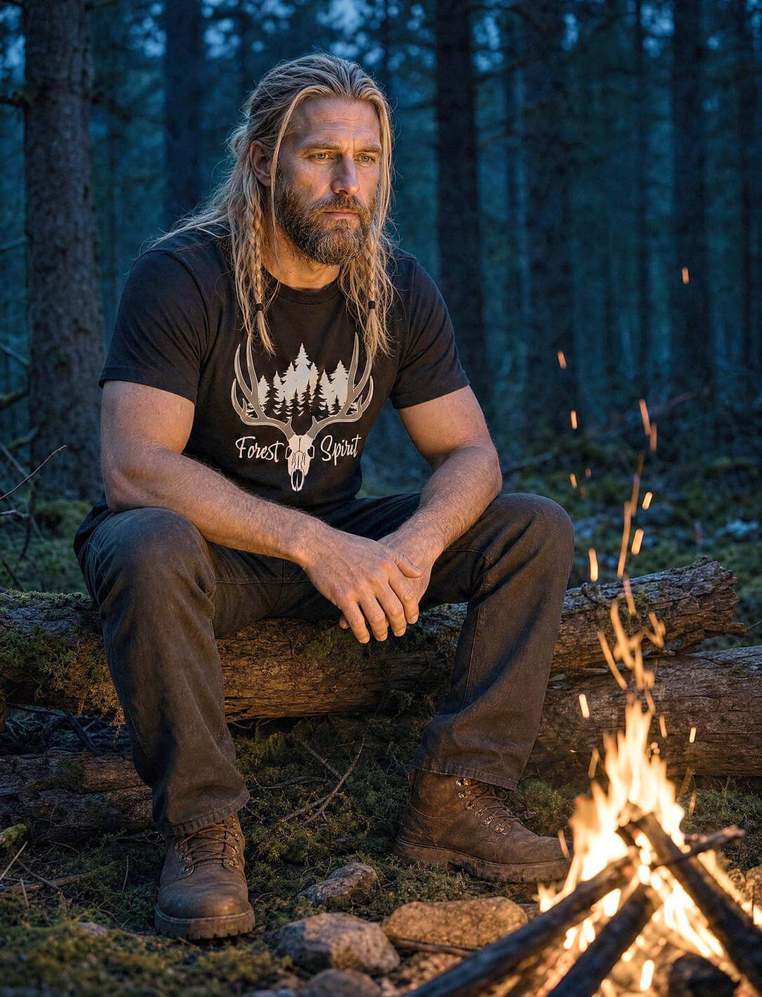 Bärtiger Mann sitzt im schwarzen Herren T-Shirt mit Hirschgeweih-Motiv am Lagerfeuer im nächtlichen Wald