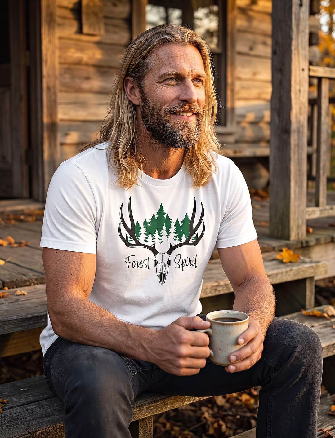 Mann im weißen T-Shirt mit Geweih und grünen Tannen sitzt mit Kaffeebecher auf der Veranda einer Holzhütte