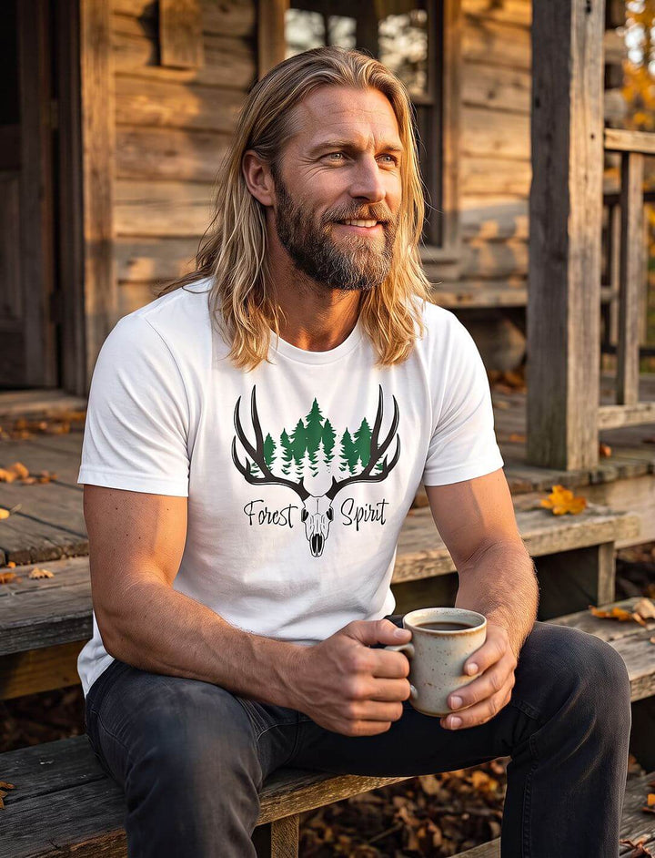 Mann im weißen T-Shirt mit Geweih und grünen Tannen sitzt mit Kaffeebecher auf der Veranda einer Holzhütte
