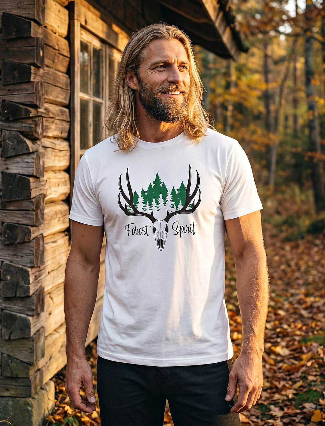 Weißes Unisex Shirt mit Hirschgeweih und Fichtenwald, getragen von einem Mann vor einer Blockhütte im Herbstwald