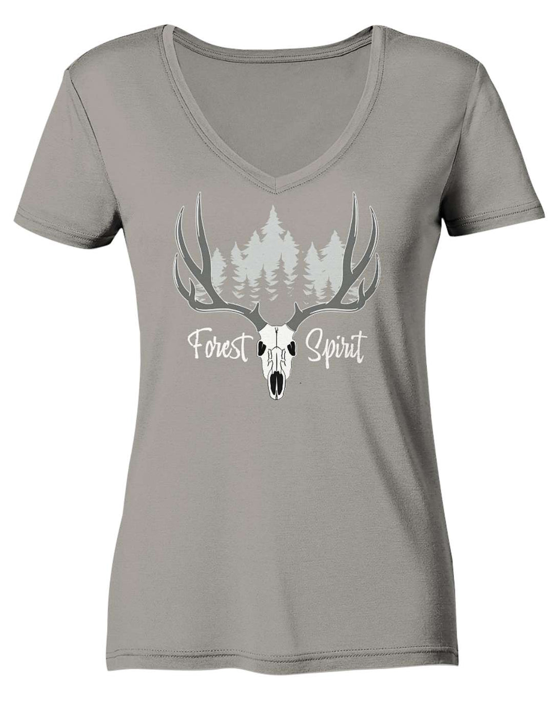 Graubeiges Damenshirt flach liegend mit Hirschgeweih und Waldsilhouette