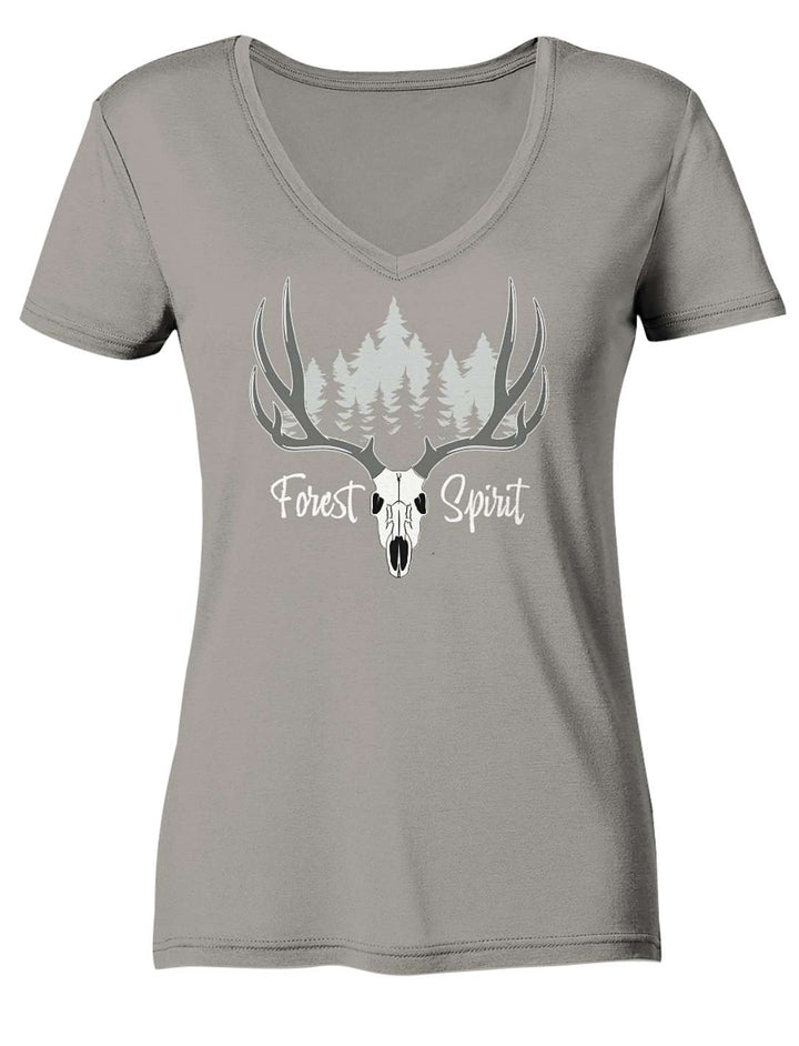 Graubeiges Damenshirt flach liegend mit Hirschgeweih und Waldsilhouette