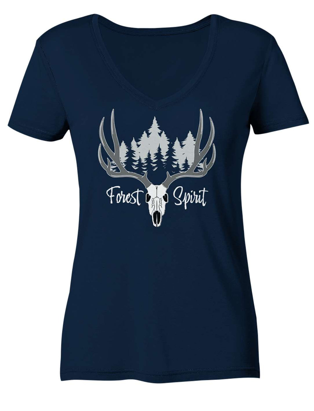 Navyblaues Damenshirt flach liegend mit hellem Geweih- und Tannenmotiv