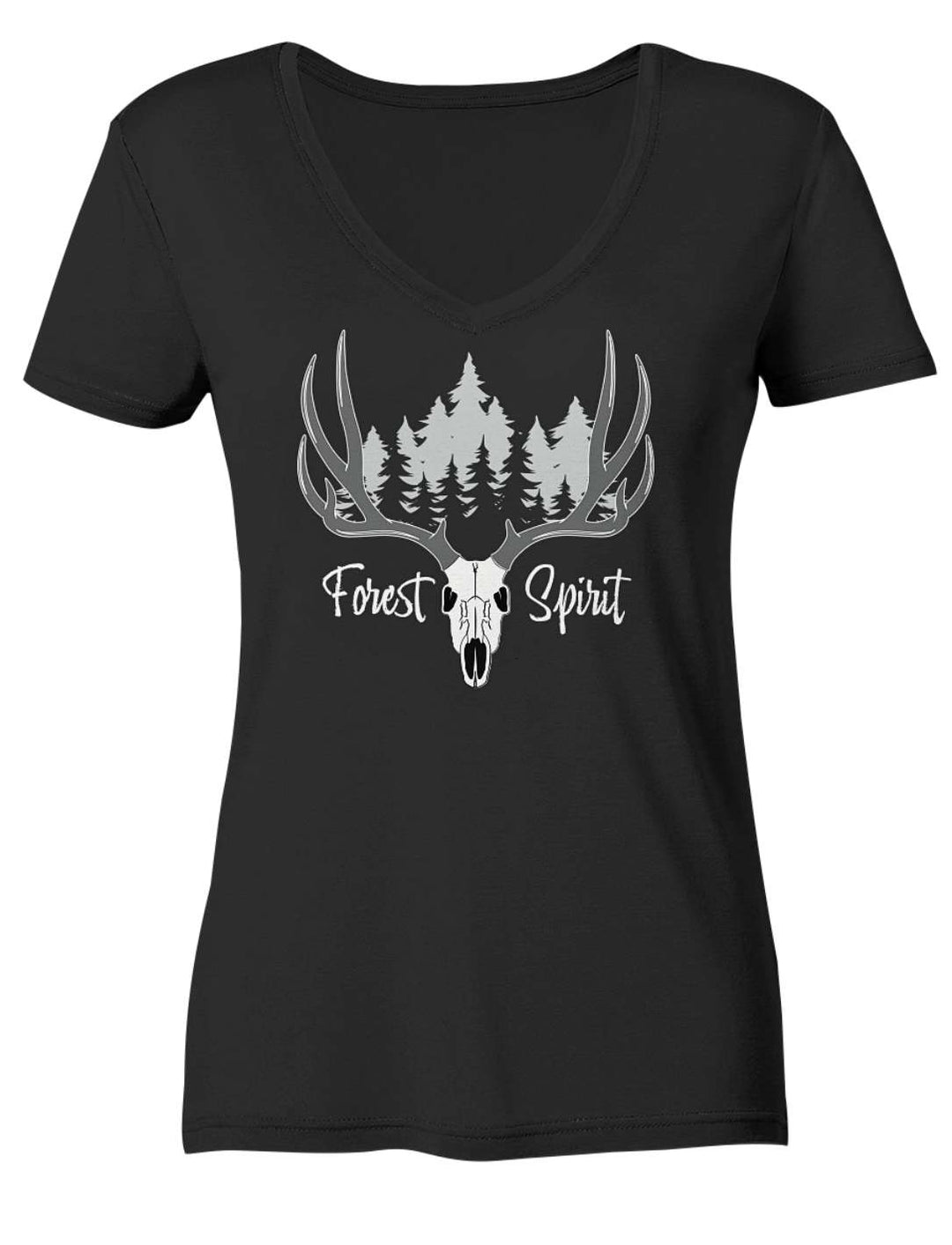Schwarzes Damen V-Neck Shirt flach liegend, Hirschgeweih mit Nadelwald in Grau