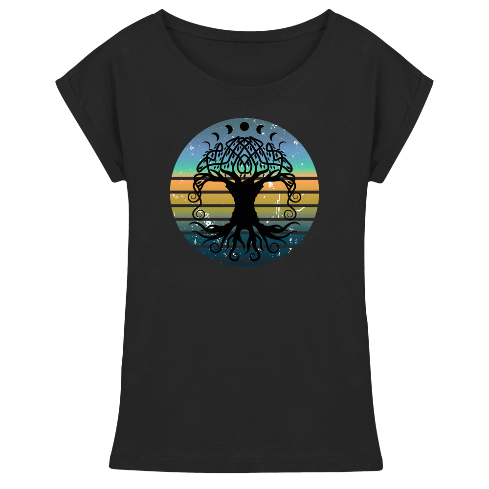 Schwarzes Damen-Shirt „Yggdrasil – Weltenbaum der Harmonie“ mit verlängertem Schnitt und gefalteten Ärmelsäumen – Runental