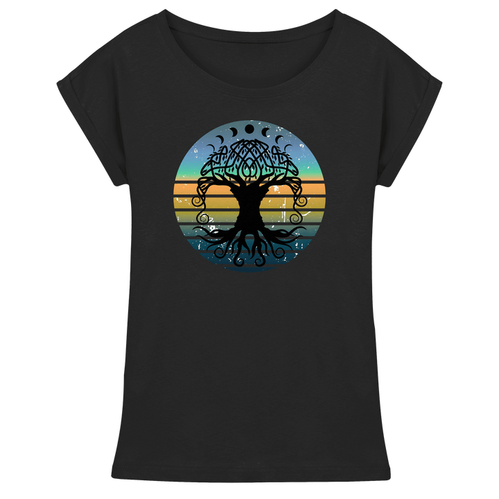 Schwarzes Damen-Shirt „Yggdrasil – Weltenbaum der Harmonie“ mit verlängertem Schnitt und gefalteten Ärmelsäumen – Runental