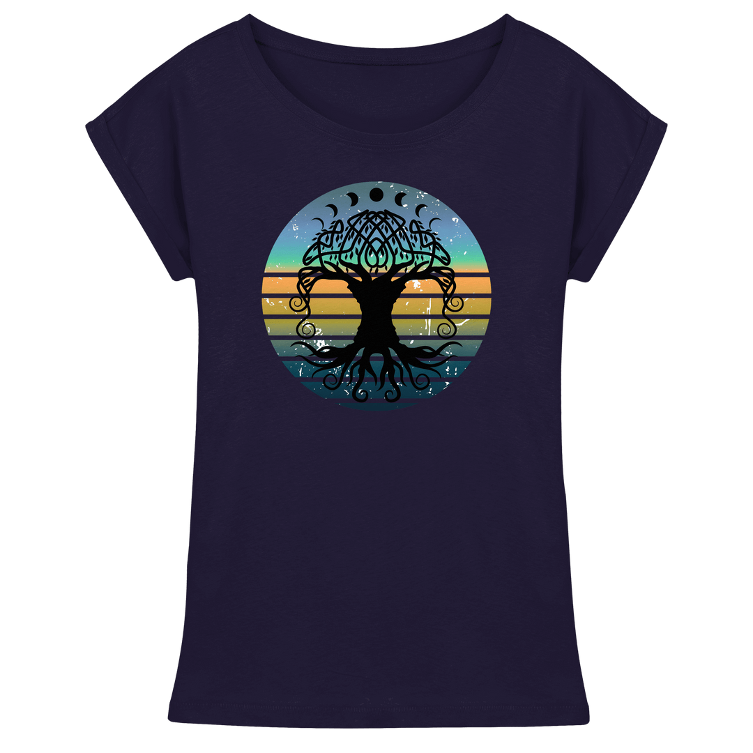 Dunkelblaues Damen Long Fit Shirt mit Yggdrasil-Motiv und überschnittenen Schultern – Runental