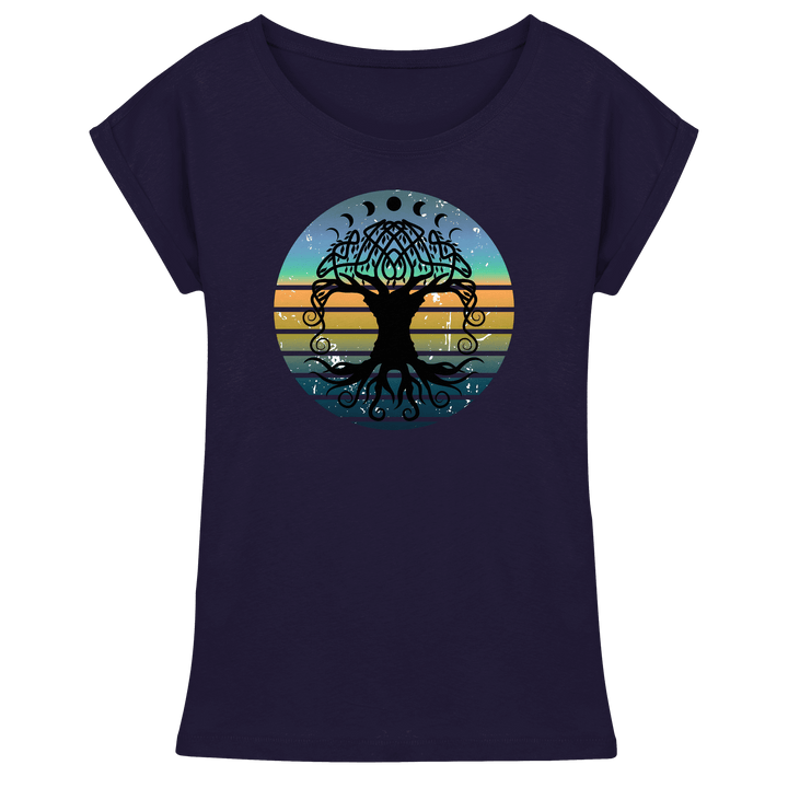 Dunkelblaues Damen Long Fit Shirt mit Yggdrasil-Motiv und überschnittenen Schultern – Runental