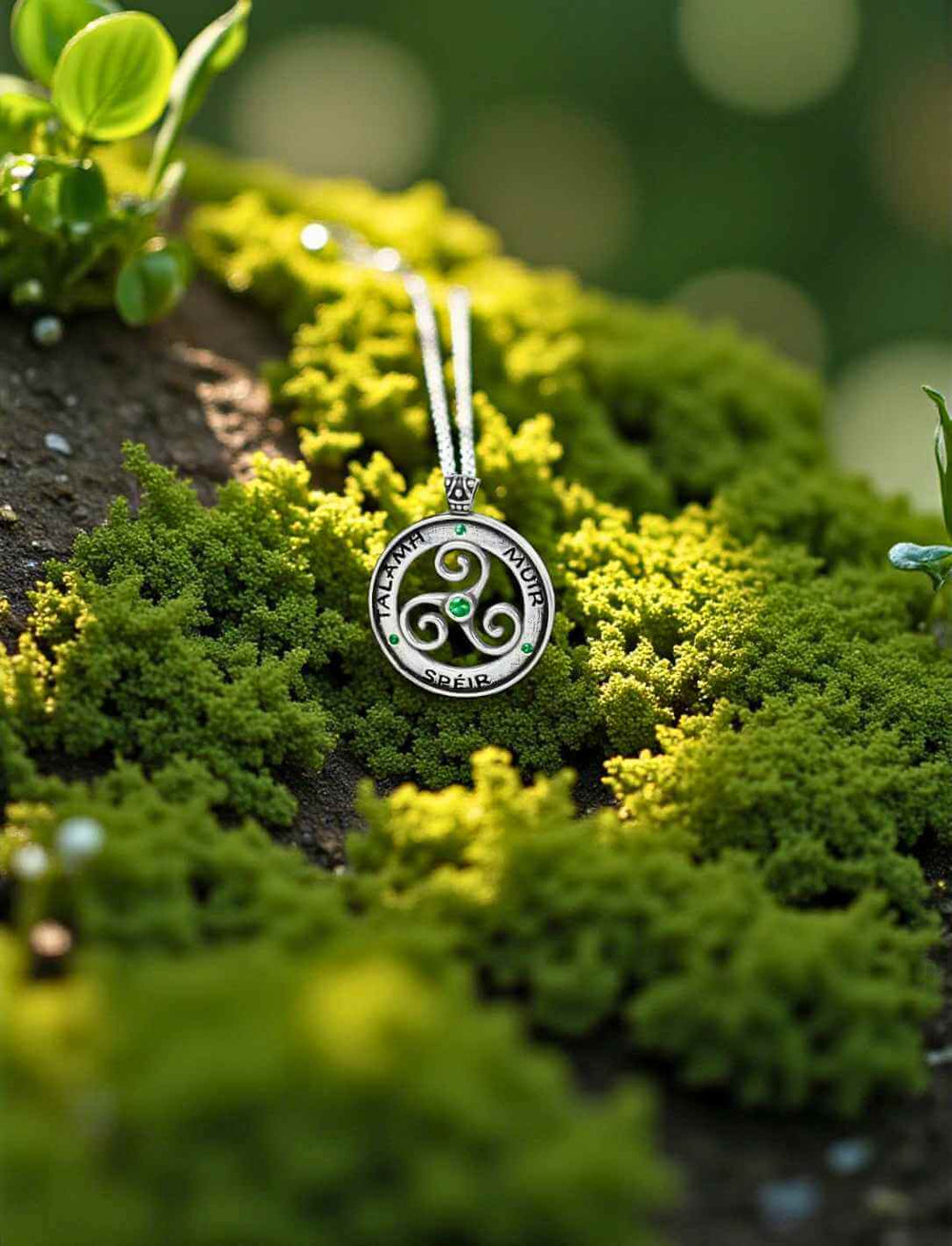 Triskele-Anhänger aus 925 Silber mit grünen Zirkonia auf Moos im Sonnenlicht