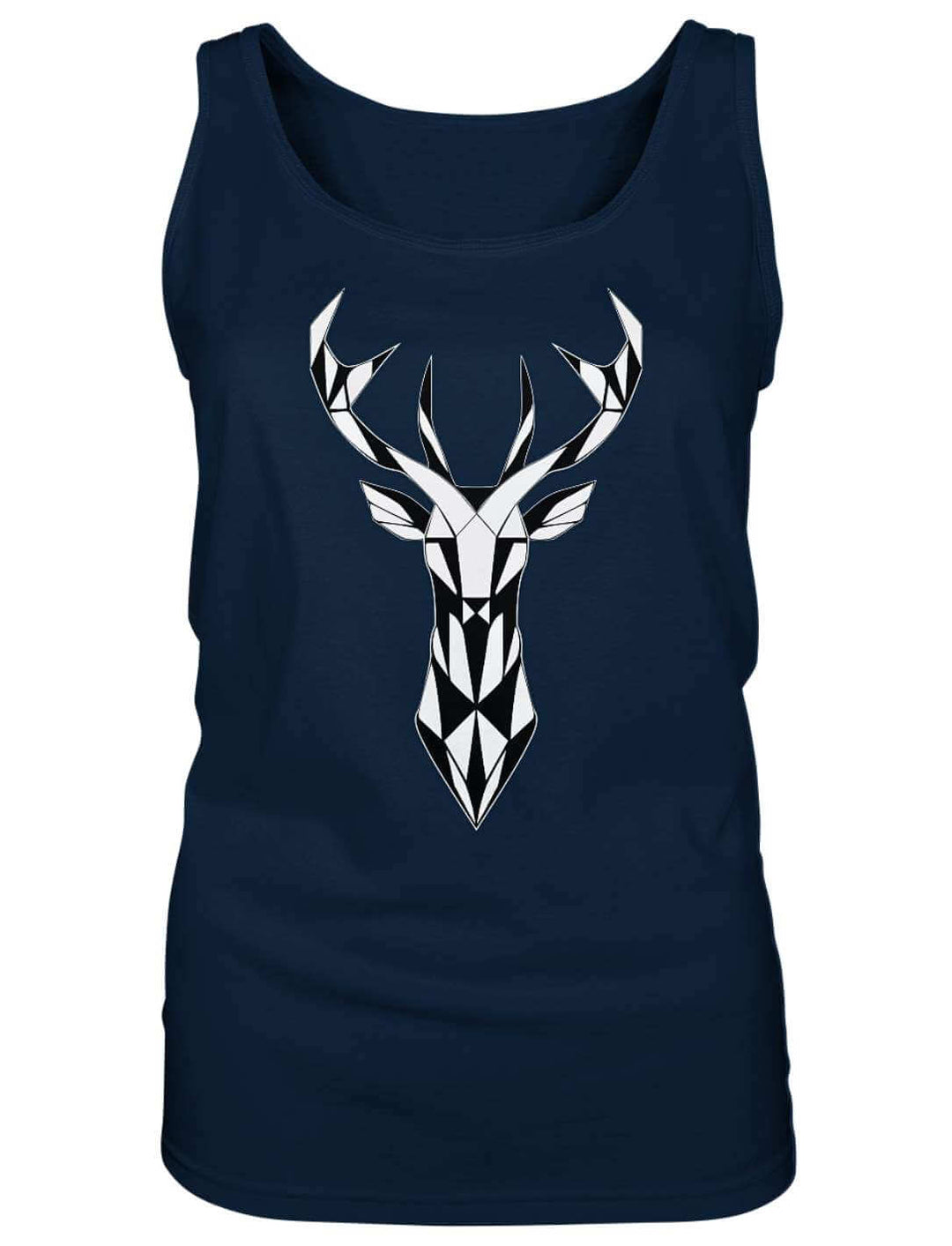 Dunkelblaues Hirsch Tank Top für Damen mit weißem geometrischem Hirschkopf
