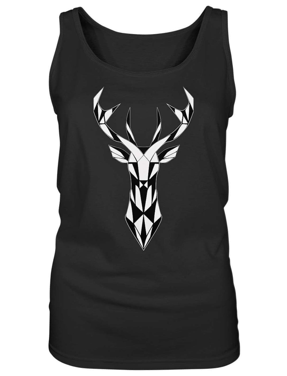 Schwarzes Hirsch Tank Top für Damen mit weißem geometrischem Hirschkopf