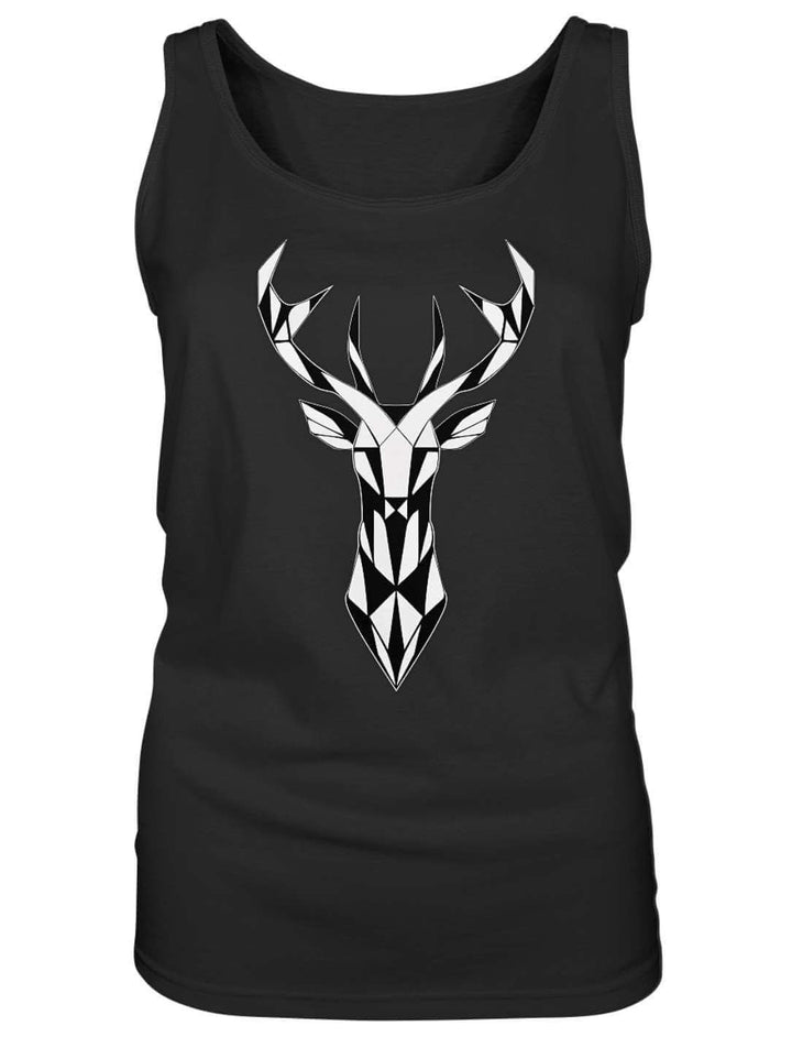 Schwarzes Hirsch Tank Top für Damen mit weißem geometrischem Hirschkopf