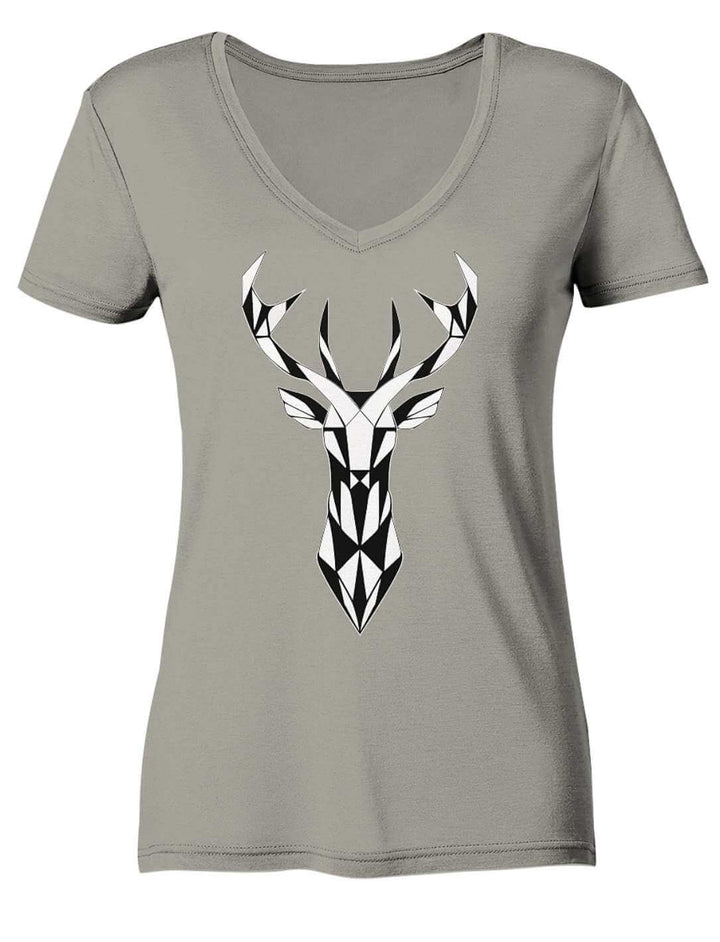 Hellgraues Damen V-Neck Shirt mit Hirschkopf aus Dreiecken, Vorderansicht