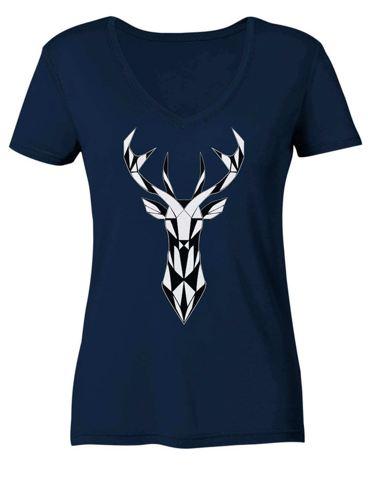 Dunkelblaues Damen V-Neck Shirt mit hellem Hirschgeweih, Vorderansicht