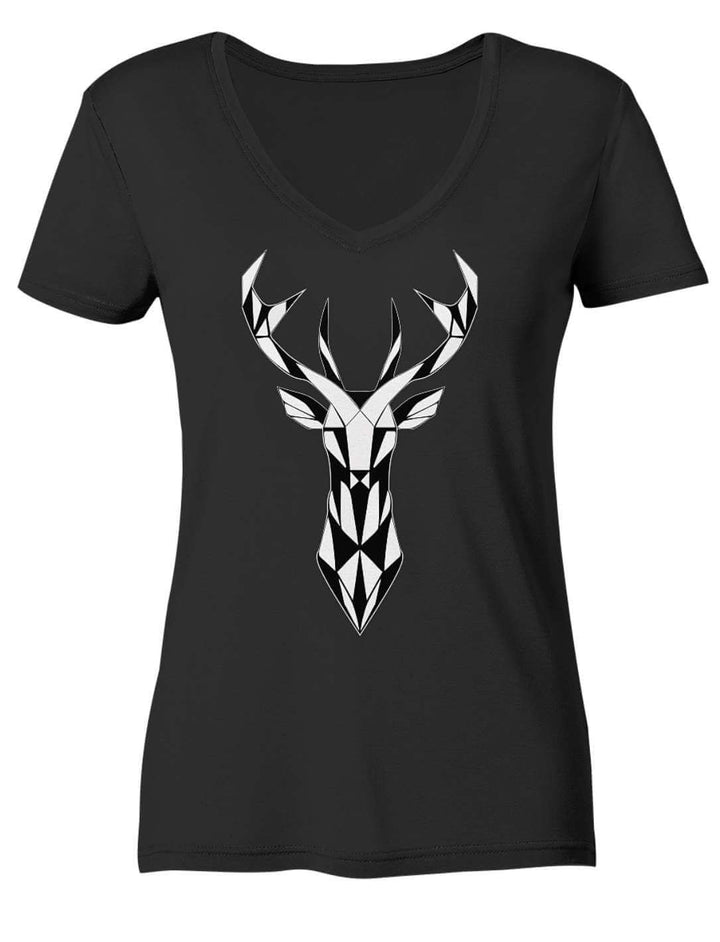 Schwarzes Damen V-Neck Shirt mit geometrischem Hirschkopf, Vorderansicht