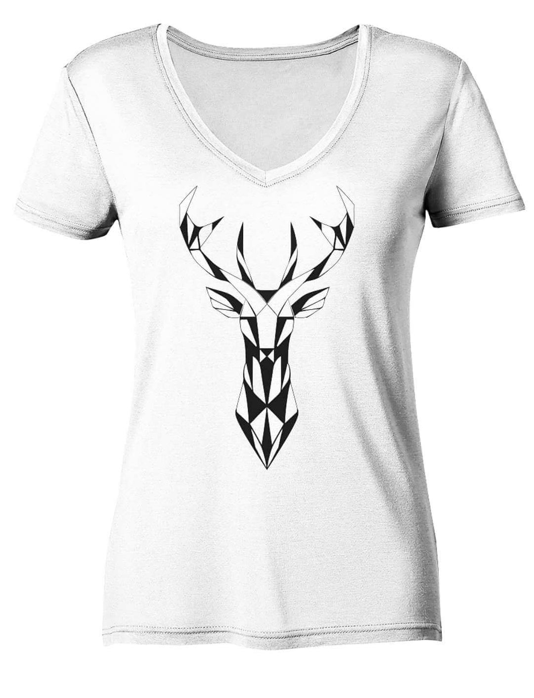 Weißes Damen V-Neck Shirt mit dunklem Hirschmotiv, Vorderansicht