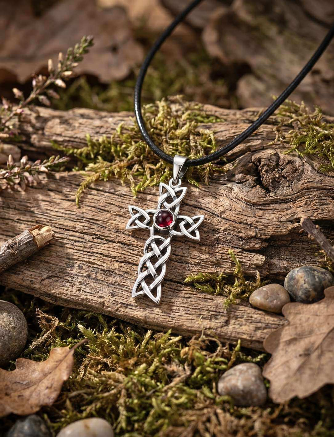 Glutkreuz der Triquetra an schwarzem Lederband mit Silberverschluss.