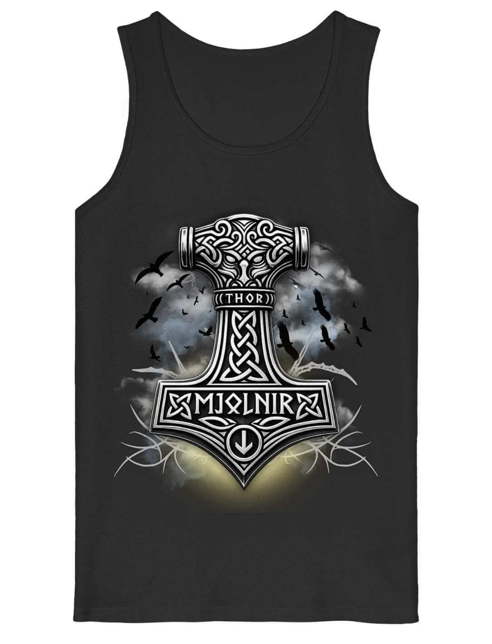 Tank Top in Schwarz, flach liegend, Mjölnir im Knotenwerk mit Rabenschwarm