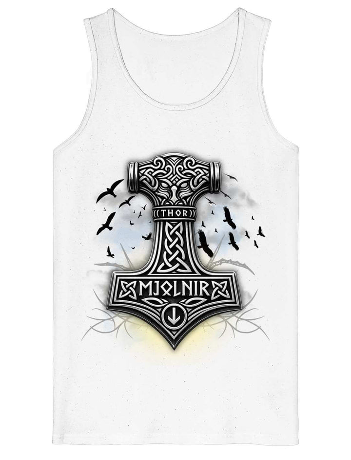 Tank Top in Weiß, Vorderansicht, Hammerkopf mit dem Schriftzug Mjolnir
