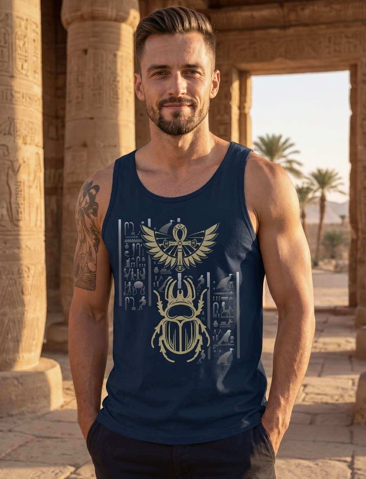 Skarabaeus Tanktop navy mit aegyptischem Goldmotiv an antikem Tempel