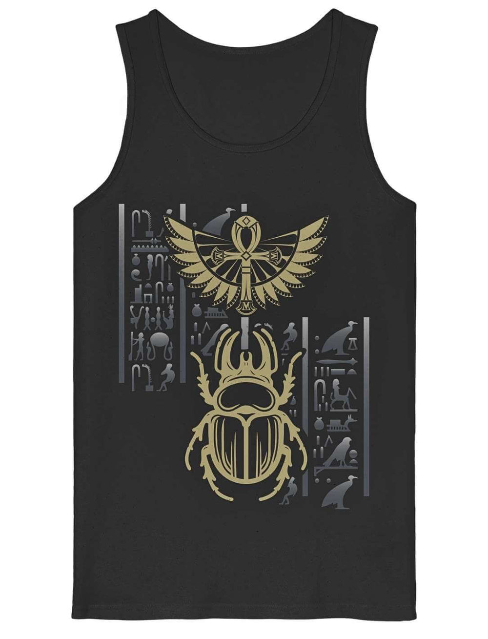 Schwarzes Herren Tanktop mit goldenem Skarabaeus und Hieroglyphen Print