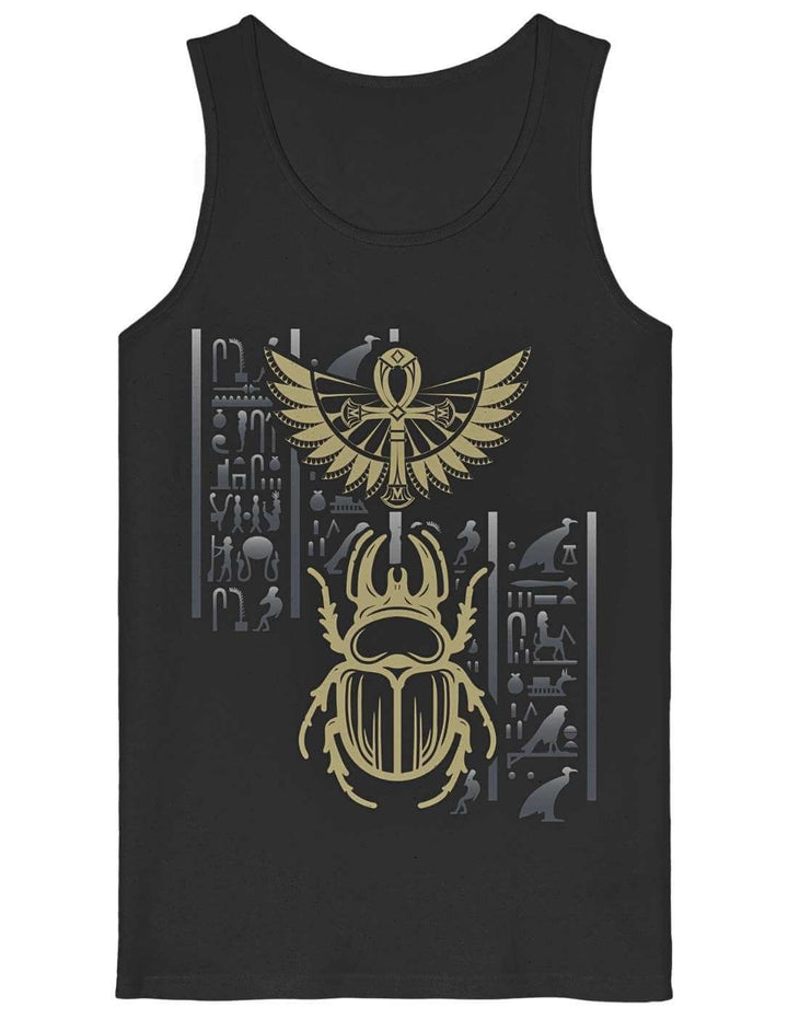Schwarzes Herren Tanktop mit goldenem Skarabaeus und Hieroglyphen Print