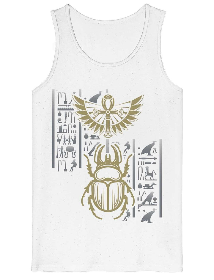 Weisses Tanktop mit goldenem Skarabaeus und gefluegelter Sonnenscheibe