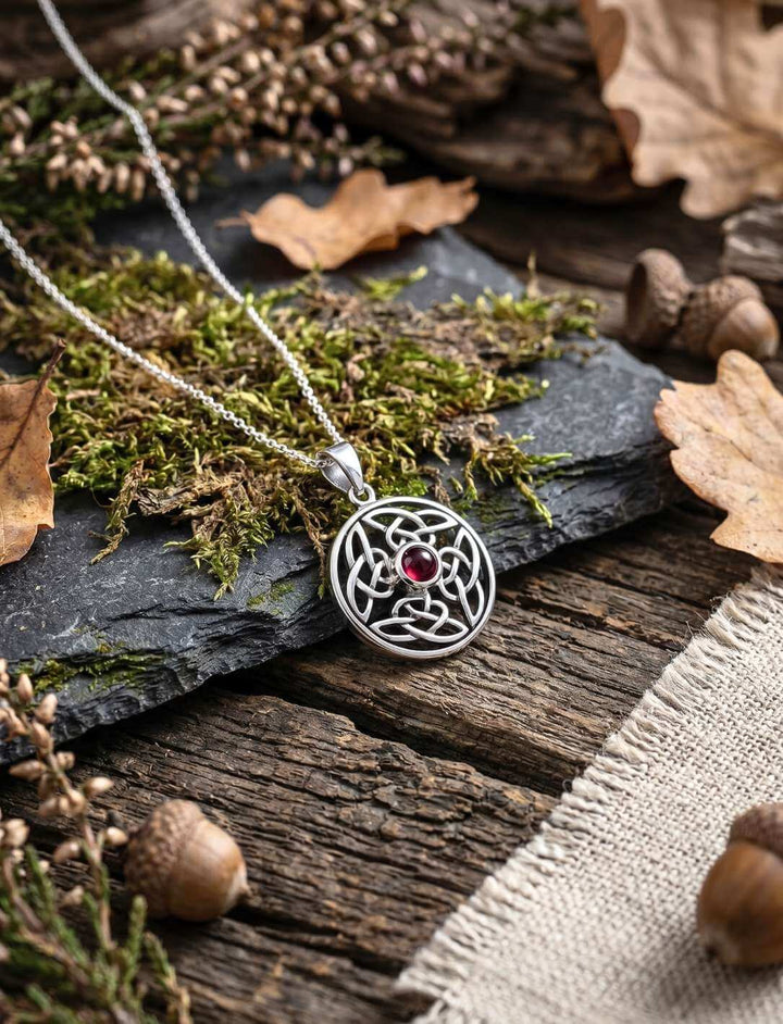 Keltischer Silber Anhänger mit Granat an schwarzer Lederkordel auf Stein, Moos und Holz