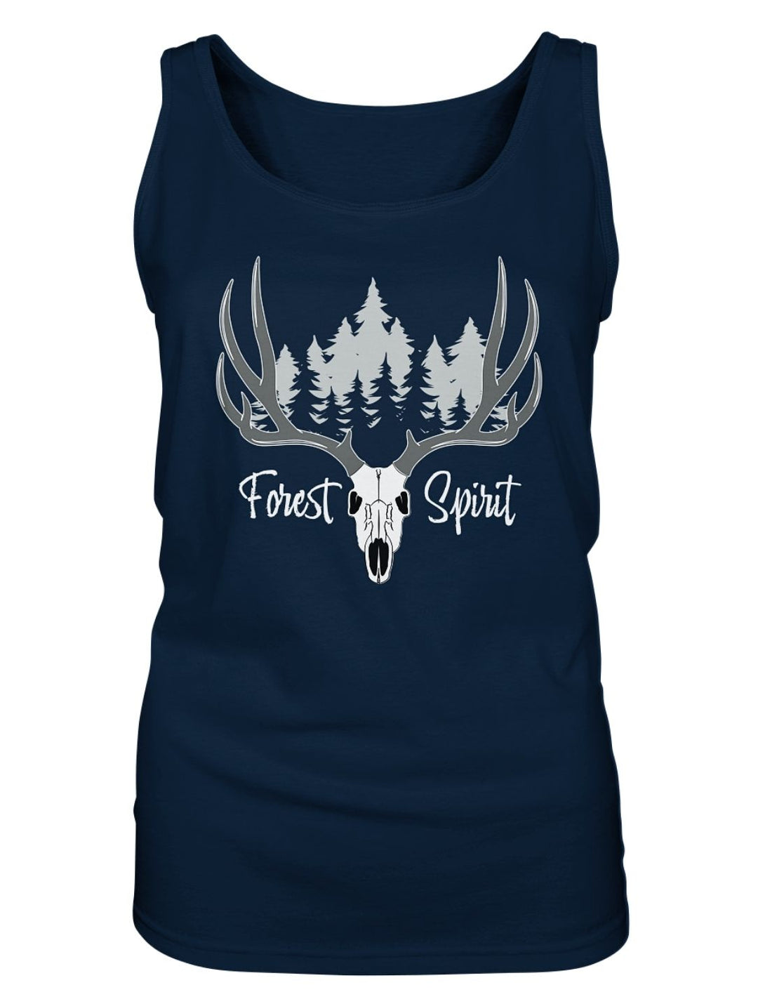 Tank Top in Navy, Hirschmotiv in Grau und Weiß mittig auf der Brust