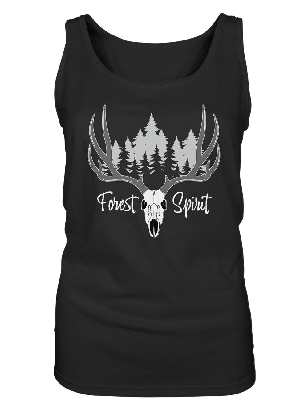 Forest Spirit Keltisches Damen Tank Top in Schwarz mit Hirschgeweih und Nadelwald