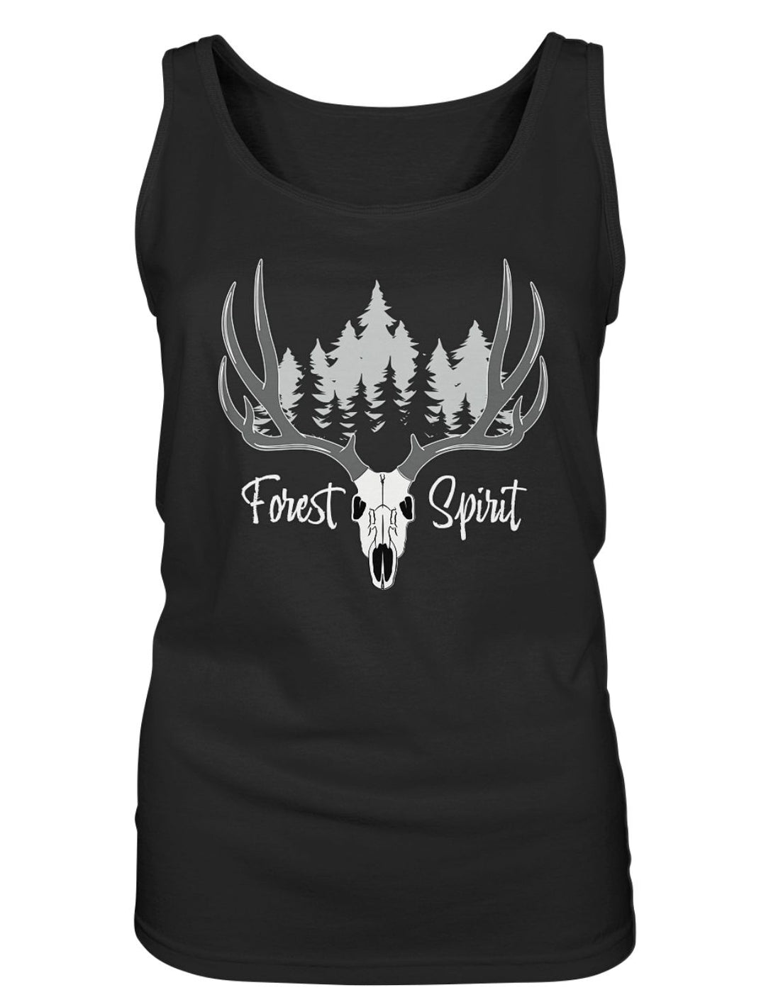 Forest Spirit Keltisches Damen Tank Top in Schwarz mit Hirschgeweih und Nadelwald