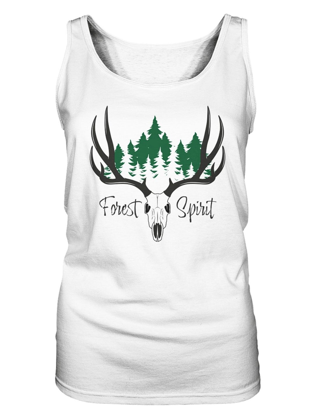 Ärmelloses Tank Top in Weiß, Geweih mit tiefgrünen Tannen und Schriftzug